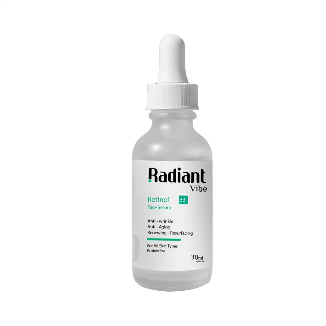 Retinol 0.5% + B3 face serum in a clear bottle with dropper, designed for skincare and anti-aging.