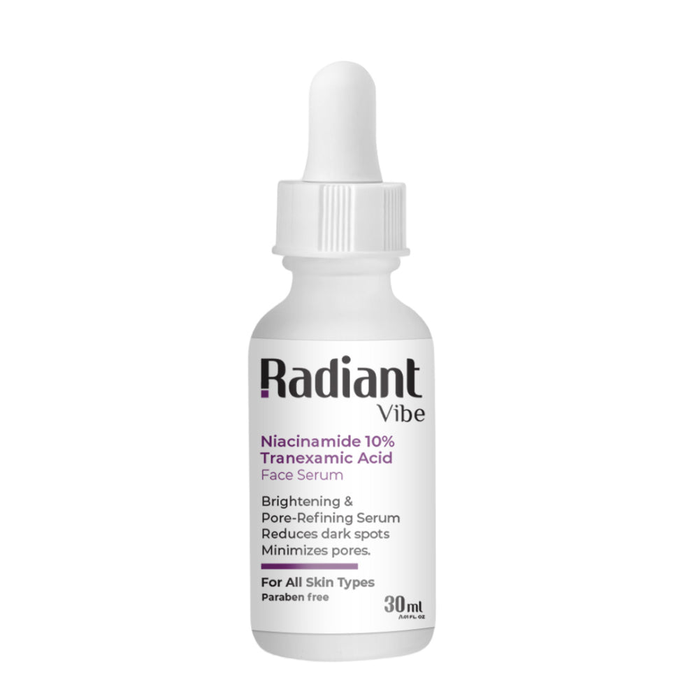 Clear glass bottle of My Store Niacinamide 10% and Tranexamic Acid Face Serum with dropper, displayed against a neutral background.
