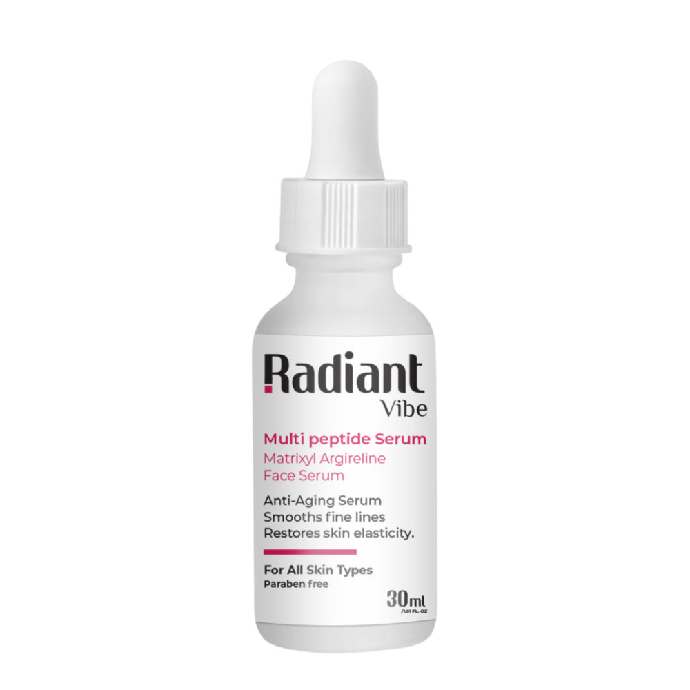 Multipeptide face serum with Matrixyl and Argireline for skin rejuvenation, shown in a clear glass bottle with dropper.