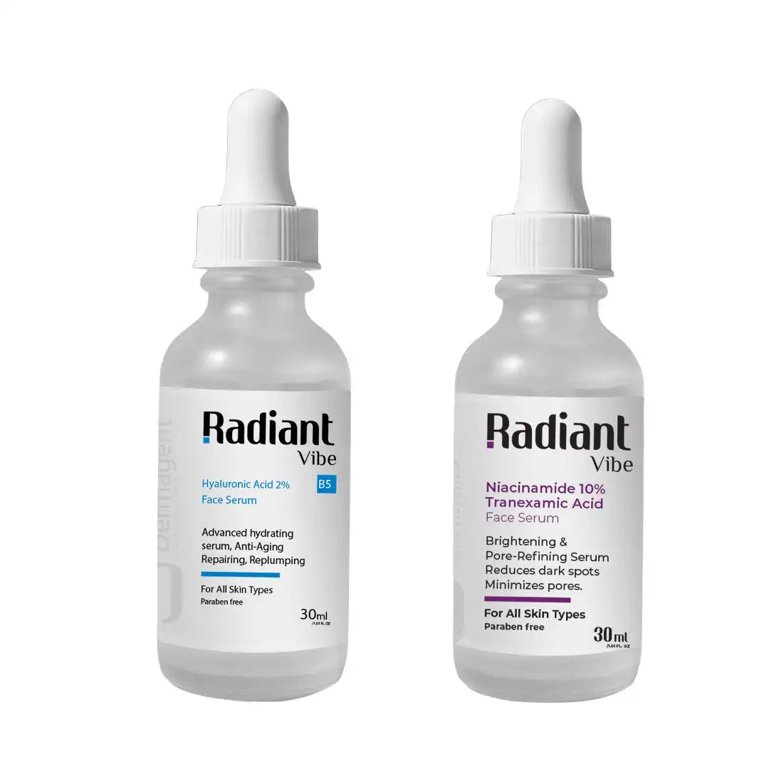 Hydra Glow Bundle with hyaluronic acid and niacinamide from My Store, featuring skincare products with clear packaging and applicators.