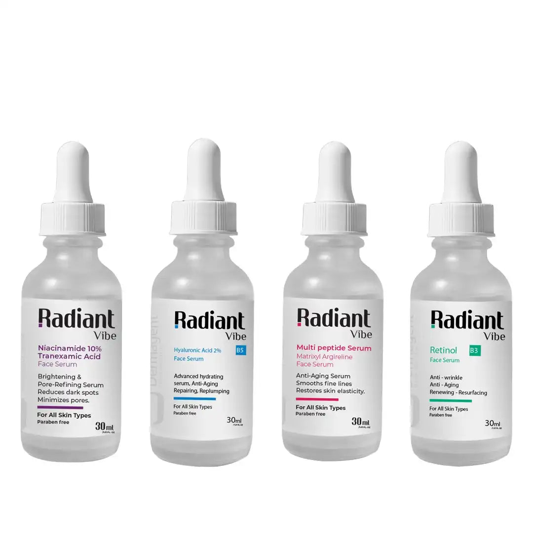 Simple skincare routine with hyaluronic acid, retinol, peptides, and niacinamide for radiant skin, featuring four product bottles.